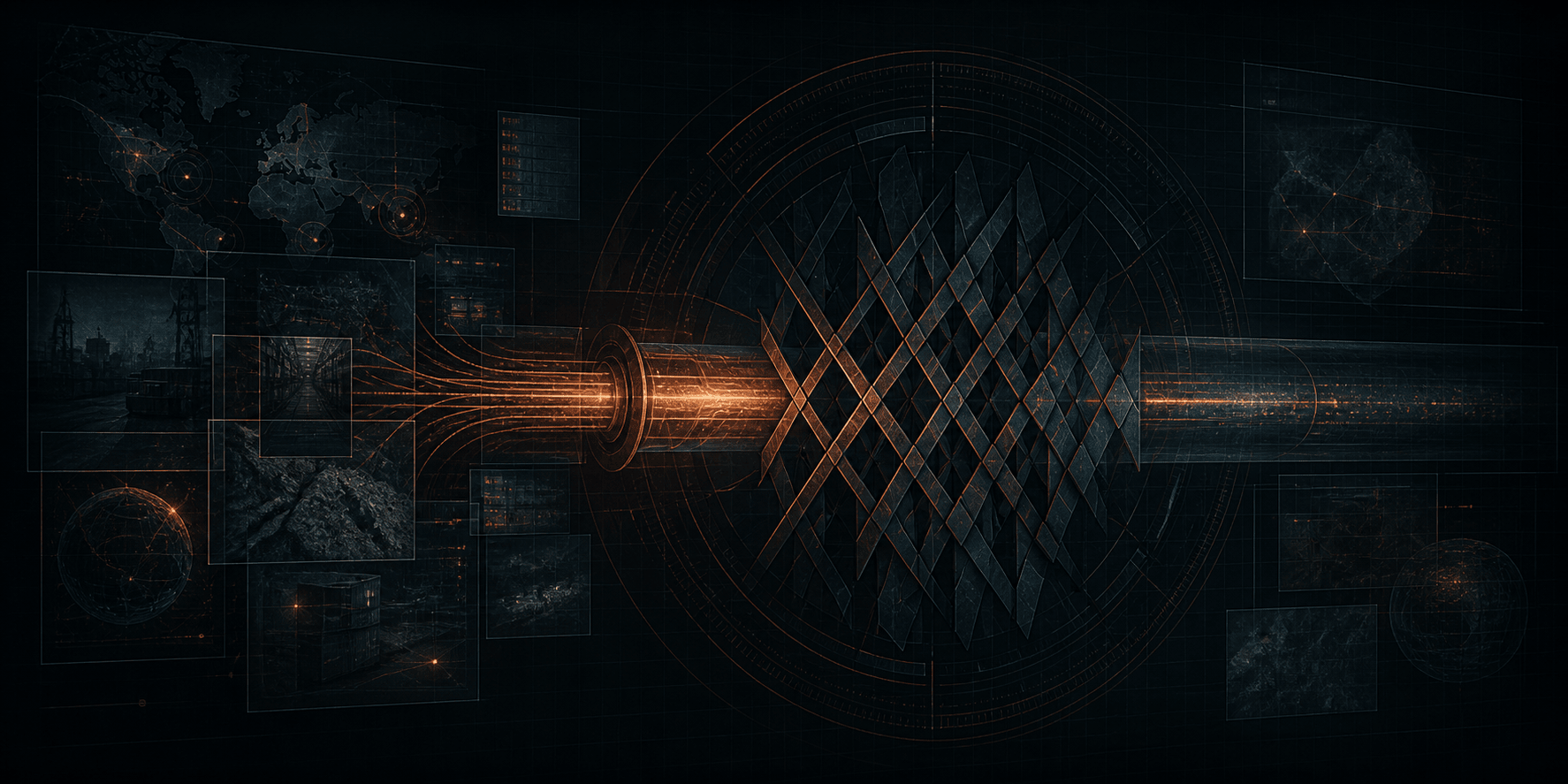 Copper-orange fractured chain links and a database keyhole leaking faint light over a near-black teal-blue background, an injection query piercing the database boundary layer — symbolizing Oracle SQL injection and database security research
