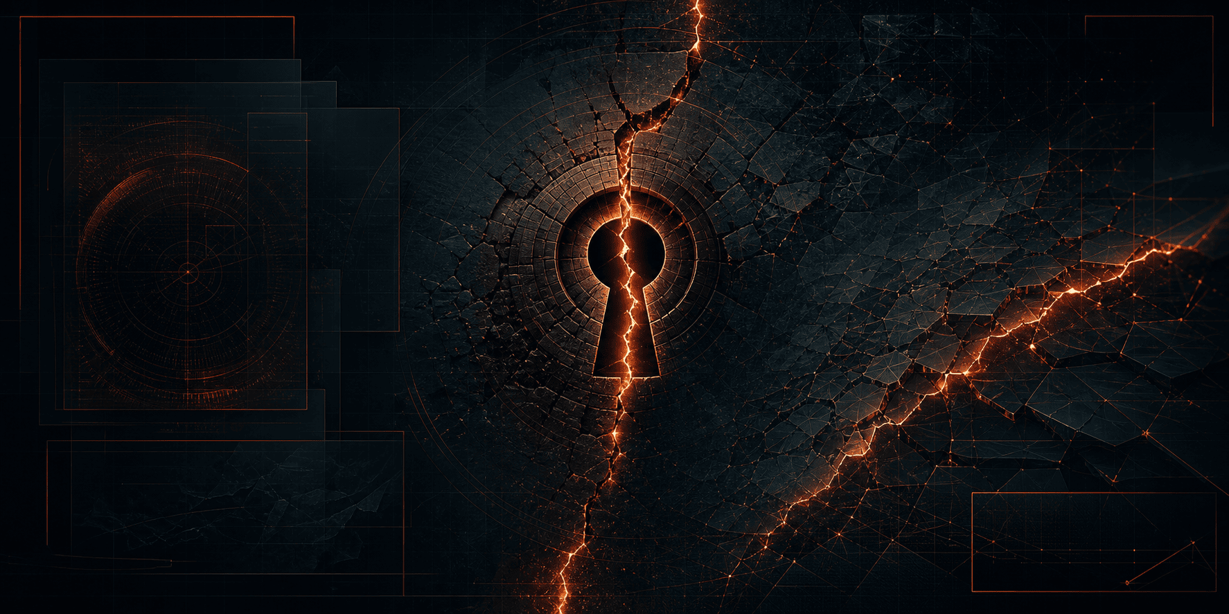 Copper-orange fractured chain links and a glowing fissure in a security boundary over a near-black teal-blue background, symbolizing a payload piercing the DuomiCms global SQL filter