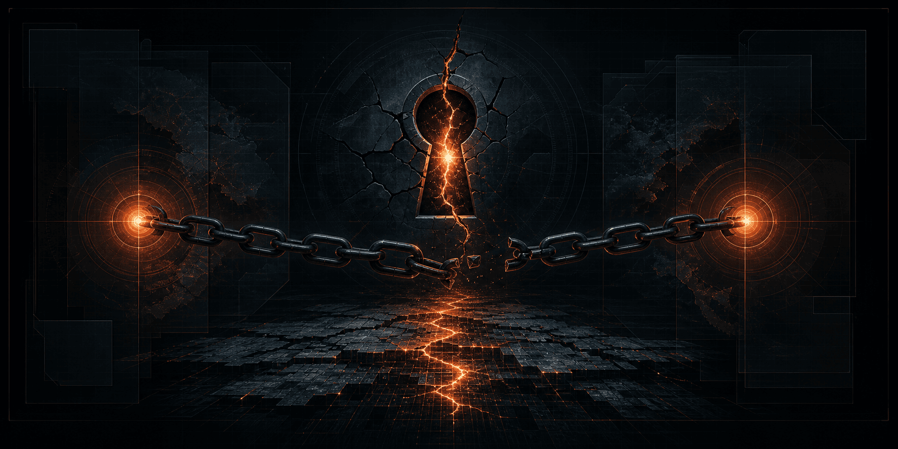 Copper-orange fractured chain links and a keyhole leaking light over a near-black teal-blue background, symbolizing the chained attack of PHPCMS arbitrary file download bypass and SQL injection piercing