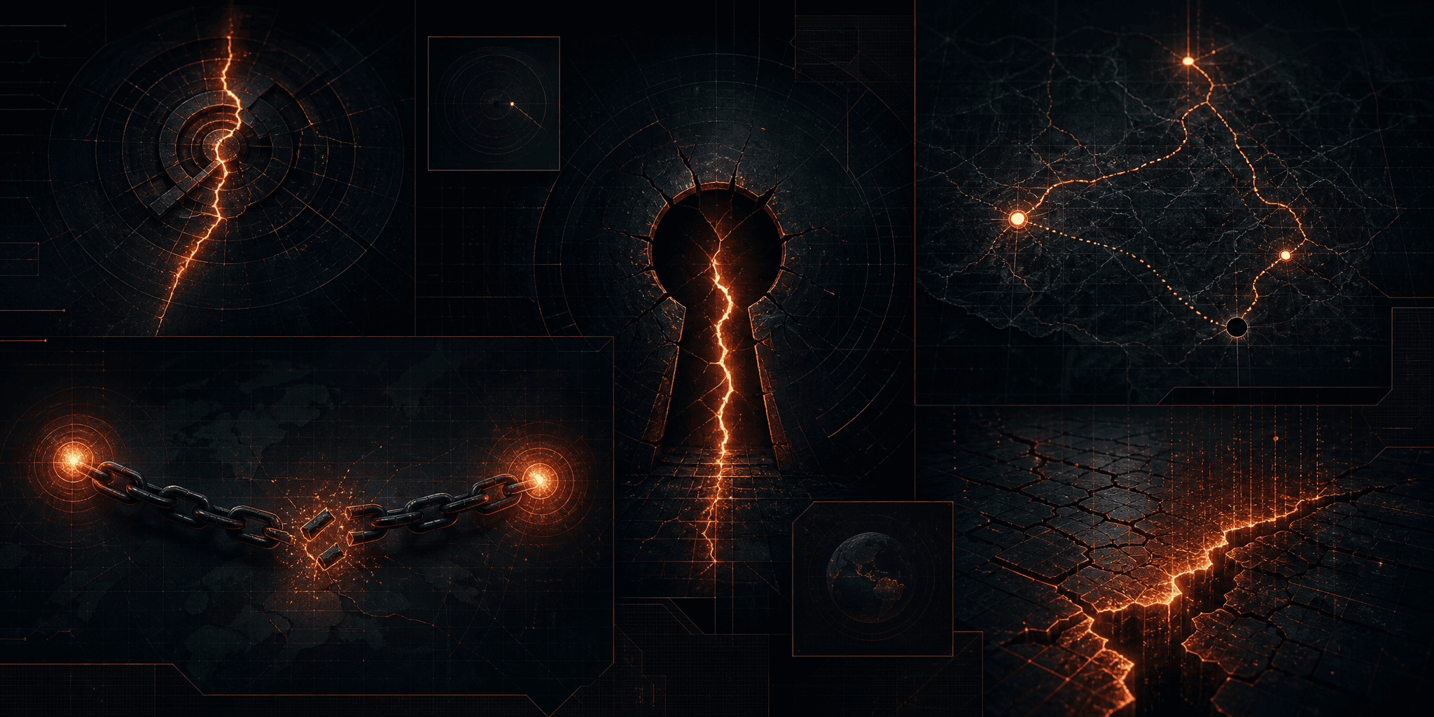 Dark dossier-style cover with copper-orange fractured chain links and cracked digital interface layers, multiple attack surfaces splitting open across the CMS — symbolizing the chained exploitation of YXCMS injection points and file-operation flaws