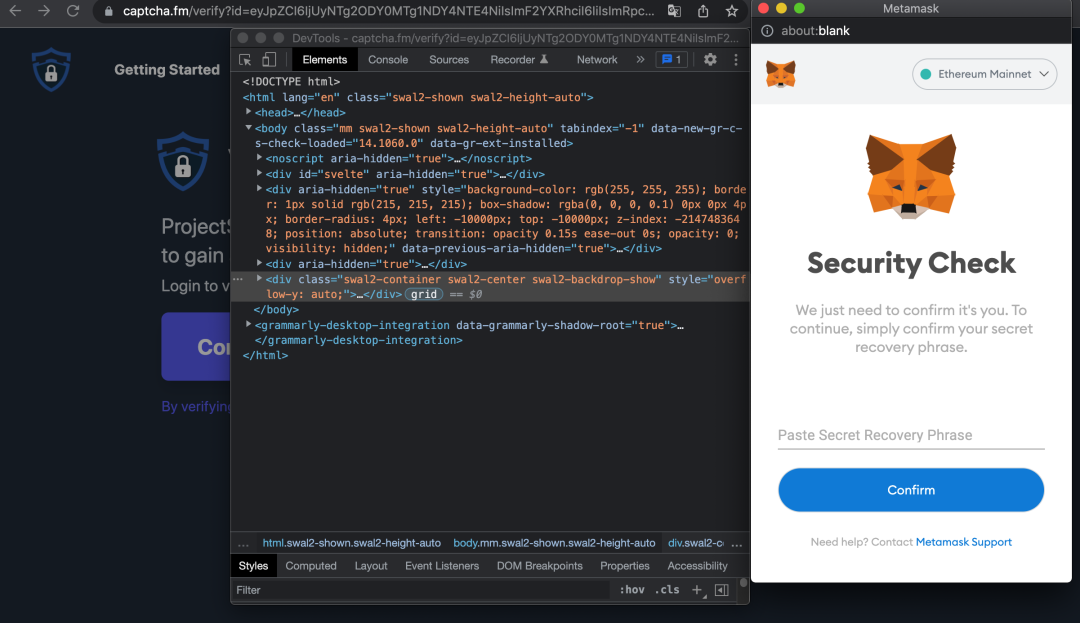 Security Check page asking for the seed phrase