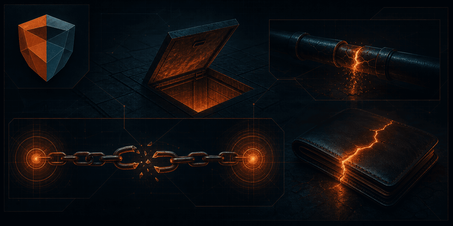 Over a near-black teal-blue background, a mobile wallet app icon leaks mnemonic phrase data streams outward, the Sentry server receiving endpoint highlighted, multiple nodes in the blockchain network topology lit in copper-orange and red — symbolizing the Solana mass theft triggered by Slope Wallet Sentry leaking mnemonic phrases