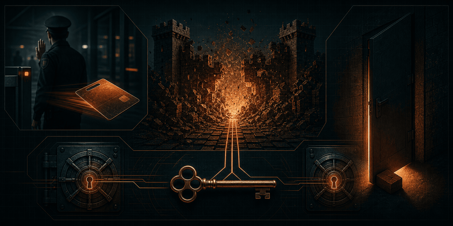 On a near-black teal-blue background in copper-orange: a minimal configuration dissolving a permission fortress from within, a forged badge passing an inattentive checkpoint guard, a single skeleton key unlocking two vaults side by side
