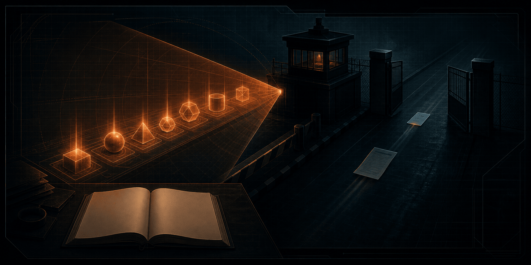 On a near-black teal-blue background, a checkpoint gatehouse's fan-shaped scanning beam lights up geometric tokens on an inspection checklist one by one, while a document page and a permission card slip through a dark corridor beyond the beam's reach; in the foreground an open registry ledger lies perfectly blank — symbolizing the zero-prompt trust bypass caused by the folder-trust detection blind spot