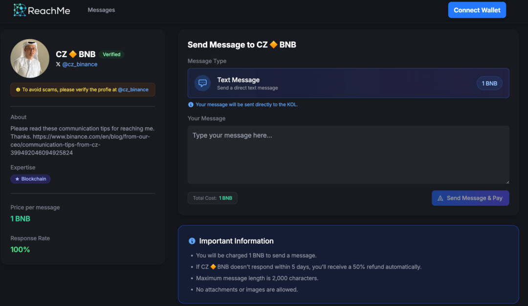 ReachMe 上给 CZ 发消息需 1 BNB